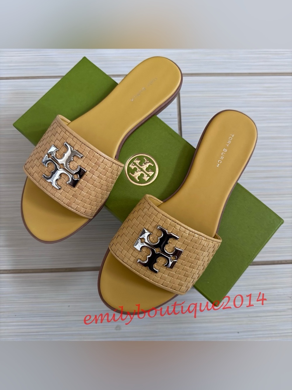 Tory Burch 8 Everly Slide Tropic Mesh Leather Sandals Deep Sunflower 180590